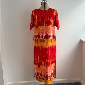Vintage 60s-70s tie-dye patterned raw silk dress in vivid sunset colors